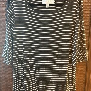 French Laundry Gray and White Striped Ruffle Sleeve Tee
